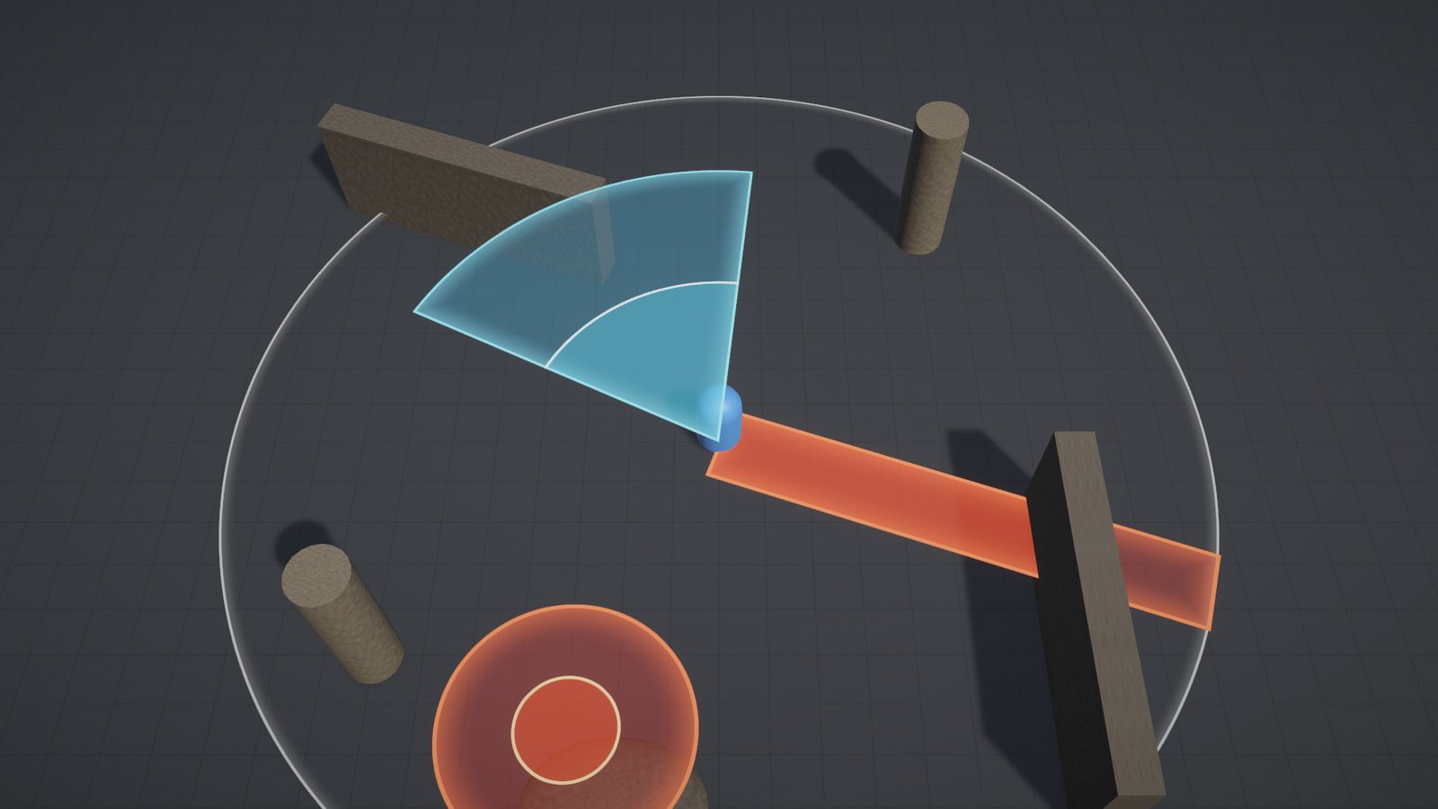 An always-on-top aim cone next to depth-tested casts